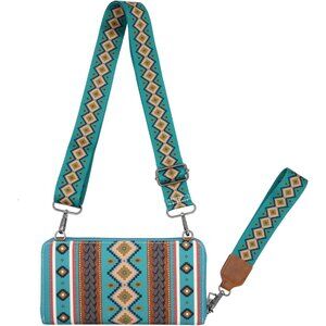 Water Blue Canvas Boho Western Wallet Wristlet with Detachable Straps, Credit Ca